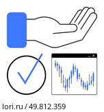 Hand reaching out, blue checkmark inside a circle, and stock market graph with blue candlesticks in window. Ideal for business, finance, investment, technology, trust success analysis. Line. Hand reaching out, checkmark, and stock market graph in modern blue and black minimalist design. Стоковая иллюстрация, агентство Ingram Publishing / Фотобанк Лори