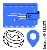 Blue digital wallet with circuit lines, coin with dollar sign, blue location pin. Ideal for finance, cryptocurrency, digital transactions, online payments, e-commerce fintech and navigation. Line. Digital Wallet with Coin and Location Pin for Financial and Transactional Themes. Стоковая иллюстрация, агентство Ingram Publishing / Фотобанк Лори