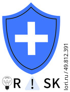 Blue shield with white cross, placed between a light bulb and a warning sign to form the word Risk. Ideal for security, healthcare, innovation, caution, safety, alertness risk management. Line. Blue Shield with White Cross Between Light Bulb and Warning Sign, Forming the Word Risk. Стоковая иллюстрация, агентство Ingram Publishing / Фотобанк Лори