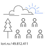 Sun rising behind clouds, five human figures and a pine tree evoke themes of community, nature, environmental consciousness, unity, simplicity, fresh beginnings, and connection. Ideal for social. Simple Line Art of Nature and Community with Sun, Clouds, People, Tree. Стоковая иллюстрация, агентство Ingram Publishing / Фотобанк Лори