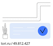 Road map winding into check mark box with check mark inside, potted plant on the side. Ideal for growth, achievement, success, planning, journey, roadmap checklist themes. Line metaphor. Pathway Leading to Success with a Check Mark and Potted Plant Symbolizing Growth and Achievement. Стоковая иллюстрация, агентство Ingram Publishing / Фотобанк Лори