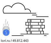 Cloud outline, stacks of coins, and falling digital currency with dollar sign. Ideal for cloud computing, virtual savings, digital banking, financial tech, cryptocurrency, cloud storage modern. Cloud money storage concept with stacked coins and digital currency falling from cloud. Стоковая иллюстрация, агентство Ingram Publishing / Фотобанк Лори