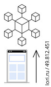 Blockchain network diagram with interconnected cubes, mobile interface design beneath it, and an upward pointing arrow. Ideal for blockchain concepts, cryptocurrency, technology innovation, mobile. Abstract Blockchain Network Structure and Mobile Interface with Upward Arrow. Стоковая иллюстрация, агентство Ingram Publishing / Фотобанк Лори