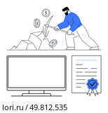Miner using pickaxe to extract digital coins, large monitor, certificate with seal. Ideal for blockchain, cryptocurrencies, financial technology, investment, digital assets, online education. Cryptocurrency Mining Process with Miner Extracting Digital Coins from Blockchain. Стоковая иллюстрация, агентство Ingram Publishing / Фотобанк Лори
