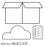 Open cardboard box, cloud storage symbol, and checklist clipboard with ticked boxes. Ideal for logistics, cloud computing, project management, e-commerce, planning, storage solutions productivity. Open cardboard box, cloud storage symbol, and checklist clipboard representing various workflow elements. Стоковая иллюстрация, агентство Ingram Publishing / Фотобанк Лори