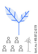 Giant leaf, five human figures, wind turbine, harmonious integration with nature. Ideal for sustainability, renewable energy, community, environmental responsibility, eco-friendly living, green. Sustainable Community Harnessing Renewable Energy and Promoting Eco-friendly Practices. Стоковая иллюстрация, агентство Ingram Publishing / Фотобанк Лори