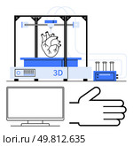 3D printer fabricating a human heart model, computer monitor, three test tubes, and a hand gesture. Ideal for medical tech, healthcare, innovation, biotechnology, education engineering advancements. Advanced 3D Printing Technology Creating Human Heart Model, Hand Gesture, and Computer Interface. Стоковая иллюстрация, агентство Ingram Publishing / Фотобанк Лори