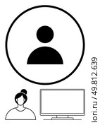 User avatar in a circle, woman with a bun hairstyle, and monitor. Ideal for online communication, profiles, digital identity, telecommuting, tech interfaces avatars virtual meetings. Line metaphor. User Profile Icon with Woman in Front of Computer Display for Online Communication or Work. Стоковая иллюстрация, агентство Ingram Publishing / Фотобанк Лори