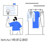Person touches lightbulb icon, symbolizing ideas or innovation. Clothes on hangers signify fashion or retail. Ideal for creativity, innovation, fashion, retail, problem-solving, business strategy. Person touching lightbulb icon with clothes on hangers in background suggesting fashion and ideas. Стоковая иллюстрация, агентство Ingram Publishing / Фотобанк Лори