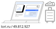 Laptop screen shows travel website with images and search bar, nearby suitcase and shoes. Ideal for travel, vacation, adventure, tourism, planning trips, digital nomad lifestyle, booking services. Online Travel Planning with Laptop Displaying Travel Website and Luggage. Стоковая иллюстрация, агентство Ingram Publishing / Фотобанк Лори