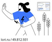 Woman holding stomach in discomfort, displaying a stop gesture with one hand. Nearby are a data chart showing graphs and three barley stalks. Ideal for health, digestion, pain, medicine, data. Woman Experiencing Stomach Pain with Data Chart and Barley Stalks. Стоковая иллюстрация, агентство Ingram Publishing / Фотобанк Лори