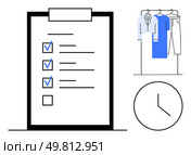 Checklist with ticked boxes and empty box, hanging clothes, and clock. Ideal for productivity, organization, time management, task tracking, wardrobe planning efficiency tips goal setting. Line. Checklist with Clothing on Hangers and Clock Emphasizing Time Management and Task Completion. Стоковая иллюстрация, агентство Ingram Publishing / Фотобанк Лори