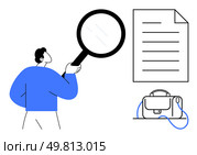 Person holding magnifying glass checking a document with lines of text, briefcase beside it. Ideal for business, research, inspection, analysis, documentation, office, detective. Line metaphor. Person Examining Document with Magnifying Glass Near Briefcase, Highlighting Attention to Detail. Стоковая иллюстрация, агентство Ingram Publishing / Фотобанк Лори