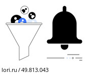 Funnel with user avatars being filtered, adjacent to a notification bell on right. Ideal for user engagement, notifications, alerts, digital marketing, lead generation, customer retention, CRM. Funnel Filled with User Avatars Next to Notification Bell Icon, Representing User Interaction Alerts. Стоковая иллюстрация, агентство Ingram Publishing / Фотобанк Лори