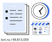 Documents, analogue clock, and e-commerce website window with shopping items and cart icon. Ideal for productivity, task management, e-commerce, retail business, online shopping, time management. Time management for task completion in online retail with shopping lists, clocks, and e-commerce websites. Стоковая иллюстрация, агентство Ingram Publishing / Фотобанк Лори