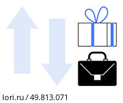 Two opposite arrows with a gift box wrapped in blue ribbon and a black briefcase. Ideal for business exchanges, trading, corporate transactions, shipping, logistics, success, growth. Line metaphor. Dual Arrows with Gift Box and Briefcase Symbolizing Trading and Business exchanges. Стоковая иллюстрация, агентство Ingram Publishing / Фотобанк Лори