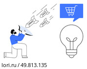 Man using a shield to block DDoS attacks aimed at e-commerce represented by shopping cart icon. Light bulb symbolizing innovation and new ideas. Ideal for cybersecurity, online retail, protection. Cybersecurity Expert Defending E-commerce Against DDoS Attacks with Innovative Solutions. Стоковая иллюстрация, агентство Ingram Publishing / Фотобанк Лори