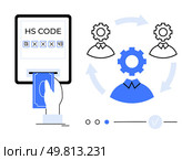 Hand entering HS Code card into machine accompanied by gear icons and avatar symbols connected with arrows. Ideal for business operations, workflow management, automation, coding, technology. Hand entering HS Code card into machine with gear icons and avatar symbols to represent business process. Стоковая иллюстрация, агентство Ingram Publishing / Фотобанк Лори