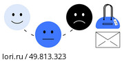 Emoticons transition from happy to neutral to sad, connected by dotted lines. Adjacent shopping bag and envelope suggest retail and communication contexts. Ideal for emotional journey, customer. Emoticons Showing Mood Progression with Shopping Bag and Envelope for Communication and Retail. Стоковая иллюстрация, агентство Ingram Publishing / Фотобанк Лори