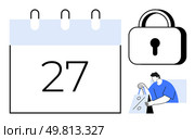 Man shopping with sales bag, calendar highlighting date, and secured lock for safe payments. Ideal for ecommerce, cybersecurity, retail sales, event planning, deadlines, secure transactions. Man shopping with sales bag, calendar highlighting date, and secured lock for safe payments. Стоковая иллюстрация, агентство Ingram Publishing / Фотобанк Лори