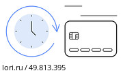 Blue clock with circular arrow around it next to a black and white credit card. Ideal for time management, financial planning, budgeting, banking, payment schedules, debt management, and cash flow. Time Management and Financial Planning Concept with Clock and Credit Card. Стоковая иллюстрация, агентство Ingram Publishing / Фотобанк Лори