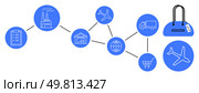 Factories, warehouses, airplanes, trucks, shopping cart, and shopping bag interconnected in a supply chain. Ideal for logistics, global trade, transportation commerce production e-commerce. Supply Chain Process with Icons of Factories, Warehouses, Airplanes, Trucks, Shopping Carts, and Shopping Bags. Стоковая иллюстрация, агентство Ingram Publishing / Фотобанк Лори