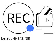 Wallet holding credit card next to a circle with REC. Ideal for finance, security, transactions, online payments, mobile banking, digital wallets, recording. Line metaphor. Wallet with Credit Card and Recording Symbol Representing Financial Transactions and Security. Стоковая иллюстрация, агентство Ingram Publishing / Фотобанк Лори