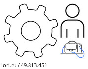 Human figure next to a large gear and briefcase. Ideal for business, industry, work, management, services, career, and labor topics. Line metaphor. Simplified Human Figure with Gear and Briefcase Icon Representing Business and Industry Concepts. Стоковая иллюстрация, агентство Ingram Publishing / Фотобанк Лори