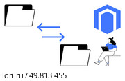 Folder transfer process with two black and white folders, blue bidirectional arrows, person using a laptop, and blue hexagonal logo. Ideal for technology, file management, data sharing. Folder Transfer Process with Person Using Laptop and Blue Hexagonal Logo. Стоковая иллюстрация, агентство Ingram Publishing / Фотобанк Лори