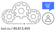Networked gears within a cloud, a blue shopping cart in a speech bubble, and a user icon. Ideal for e-commerce, cloud computing, automation, technology integration, business strategy, digital. Cloud Gears with Shopping Cart and User Icon for E-commerce and Automation Integration. Стоковая иллюстрация, агентство Ingram Publishing / Фотобанк Лори