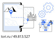 Smartphone displaying navigation map with location pin, pathway to castle, connected gears, and online shopping section. Ideal for technology, travel, e-commerce, navigation, digital transformation. Digital Navigation and Online Shopping Concept with Location Marker and Gears. Стоковая иллюстрация, агентство Ingram Publishing / Фотобанк Лори