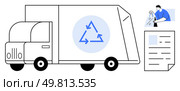Recycling truck with recycling symbol, worker sorting plastic bottles, and document with checkboxes. Ideal for waste management, recycling programs, ecological campaigns, environmental education. Recycling Truck Illustration Featuring Recycling Symbol, Worker Sorting Bottles, and Document. Стоковая иллюстрация, агентство Ingram Publishing / Фотобанк Лори