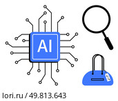 AI microchip connected to lines representing a network, magnifying glass symbolizing search, and a shopping bag with a tag. Ideal for AI, technology, research, e-commerce, innovation, network. AI microchip connected with intricate lines, magnifying glass, and shopping bag with tag. Стоковая иллюстрация, агентство Ingram Publishing / Фотобанк Лори