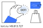 Hand holding a coin labeled DEFI, next to a digital wallet icon and a shopping bag. Ideal for finance, cryptocurrency, blockchain, online shopping, digital transactions, fintech, and investment. Hand holding DeFi coin with digital wallet and shopping bag representing decentralized finance concepts. Стоковая иллюстрация, агентство Ingram Publishing / Фотобанк Лори