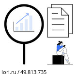 Magnifying glass enlarges a bar chart with upward arrow next to documents and person with tablet. Ideal for business, research, analysis, growth, productivity, strategy, and education themes. Line. Magnifying Glass Enlarging Graph, Documents, and Person with Tablet Depicting Analysis and Research. Стоковая иллюстрация, агентство Ingram Publishing / Фотобанк Лори