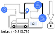 Supply chain management with a delivery truck, location pin on a map, stopwatch, factory, warehouse, and padlock. Ideal for logistics, transportation, GPS tracking supply chain efficiency security. Optimized Supply Chain with Delivery Truck, Location Pin, and Secure Data Elements Highlighting Efficiency. Стоковая иллюстрация, агентство Ingram Publishing / Фотобанк Лори
