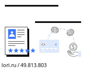 Professional profile document with 5-star rating, credit card icon, and currency coins being transferred. Ideal for finance, banking, online payments, credit rating, e-commerce, employment quality. Professional profile document with rating stars, credit card, currency exchange, and payment security. Стоковая иллюстрация, агентство Ingram Publishing / Фотобанк Лори