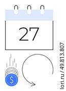Calendar page with number 27, coins with dollar sign falling, and a circular arrow. Ideal for financial planning, budgeting, deadlines, payment schedules, monthly expenses, recurring bills saving. Calendar date with falling coins and circular arrow indicating a recurring financial cycle. Стоковая иллюстрация, агентство Ingram Publishing / Фотобанк Лори
