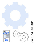 Online storefront under large gear with two smaller gears nearby representing web, v09site and technical optimization. Ideal for e-commerce, web, v09 development, technical services, online marketing, SEO. Online Storefront with Gears Representing Website Customization and Technical Optimization. Стоковая иллюстрация, агентство Ingram Publishing / Фотобанк Лори