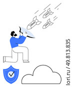 Man holding shield blocking DDoS attack missiles towards cloud server. Ideal for cybersecurity, data protection, cloud security, IT defense, cyber warfare, online threats, safety. Line metaphor. Cybersecurity Specialist Defending Cloud Network from DDoS Attacks with Shield. Стоковая иллюстрация, агентство Ingram Publishing / Фотобанк Лори