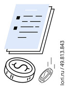 Stack of papers featuring listed items with checkboxes and falling coins. Ideal for finance, accounting, budgeting, investment, economic planning, financial reports, savings. Line metaphor. Financial document with stack of papers and falling coins, representing economic planning and budget. Стоковая иллюстрация, агентство Ingram Publishing / Фотобанк Лори