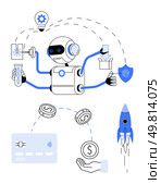 Multifunctional robot performing tasks including computing, data analytics, and protection. Ideal for technology, artificial intelligence, innovation, automation, finance, cybersecurity scientific. Futuristic Robot with Multiple Tasks Featuring AI Technology, Big Data, Robotics, and Innovation. Стоковая иллюстрация, агентство Ingram Publishing / Фотобанк Лори
