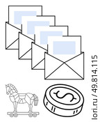 Four opened envelopes with letters, a dollar coin, and a Trojan horse. Ideal for topics on communication, emails, cybersecurity, finance, mail scams and digital security. Line metaphor. Multiple opened envelopes with letters, dollar coin, and Trojan, signifying varied communication and security. Стоковая иллюстрация, агентство Ingram Publishing / Фотобанк Лори