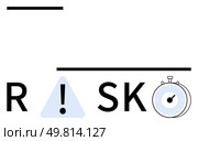 Letters R, S, K with exclamation mark inside a triangle and a stopwatch. Ideal for business strategy, safety management, time-sensitive projects, caution, risk management alertness deadlines. Line. Risk assessment symbol with warning sign, stopwatch, and partial letters for concept visualization. Стоковая иллюстрация, агентство Ingram Publishing / Фотобанк Лори