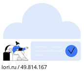 Person with laptop and cat on couch, large cloud shape, checkbox ticked. Ideal for cloud computing, remote work, data storage, digital security, productivity technology online collaboration. Line. Working on a Couch with Laptop Under Cloud Storage Highlighting Digital Workspaces and Data Management. Стоковая иллюстрация, агентство Ingram Publishing / Фотобанк Лори
