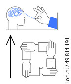 Hand untangling chaotic thoughts in a head, square of interlocking hands, vertical arrow pointing up. Ideal for mental health, teamwork, problem solving, growth, success, organization productivity. Solving Mental Chaos with Teamwork and Collaboration for Success and Growth. Стоковая иллюстрация, агентство Ingram Publishing / Фотобанк Лори