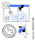 Woman interacting with online learning platform, d ollar coin depiction, woman using laptop and telescope. Ideal for education, finance, remote work, online tools, women entrepreneurs, e-learning. Online Learning and Financial Planning with Female Students in Virtual Meeting and Dollar Coin Icon. Стоковая иллюстрация, агентство Ingram Publishing / Фотобанк Лори