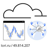 Cloud icon, stock market analysis graph, world map with geo-pins connected to a central icon. Ideal for data analysis, cloud technology, global connectivity, stock markets, business strategy, IT. Cloud computing with global connectivity, stock market analysis graph representing data synchronization. Стоковая иллюстрация, агентство Ingram Publishing / Фотобанк Лори