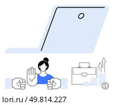 Female figure raising hand, stopping two fists, briefcase with buildings and growth arrows, laptop. Ideal for conflict resolution, female empowerment, business strategy, technology, workplace ethics. Female Silhouette Stopping Conflict, Business Growth Symbols and Open Laptop. Стоковая иллюстрация, агентство Ingram Publishing / Фотобанк Лори