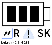 Battery icon with low charge, accompanying footsteps, and warning sign, spelling the word RISK. Ideal for safety guidelines, caution notices, hazard awareness, energy management, risk assessment. Battery icon indicating risks with warning sign and footsteps, representing caution and awareness. Стоковая иллюстрация, агентство Ingram Publishing / Фотобанк Лори